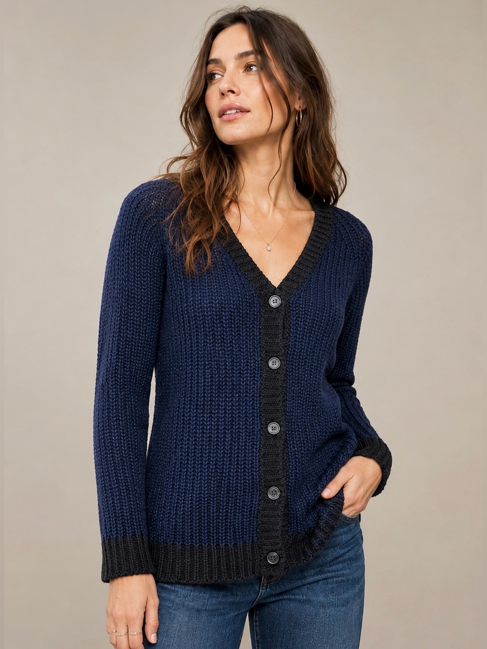 Anthropologie SI IAE Blue Black Waffle Knit Cardigan Button Front Small Cozy